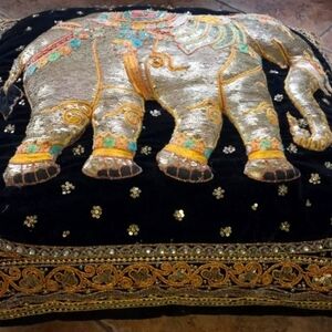 Burmese Art Kalaga Elephant Pillow 30" XL, Intriquite Beading On Velvet